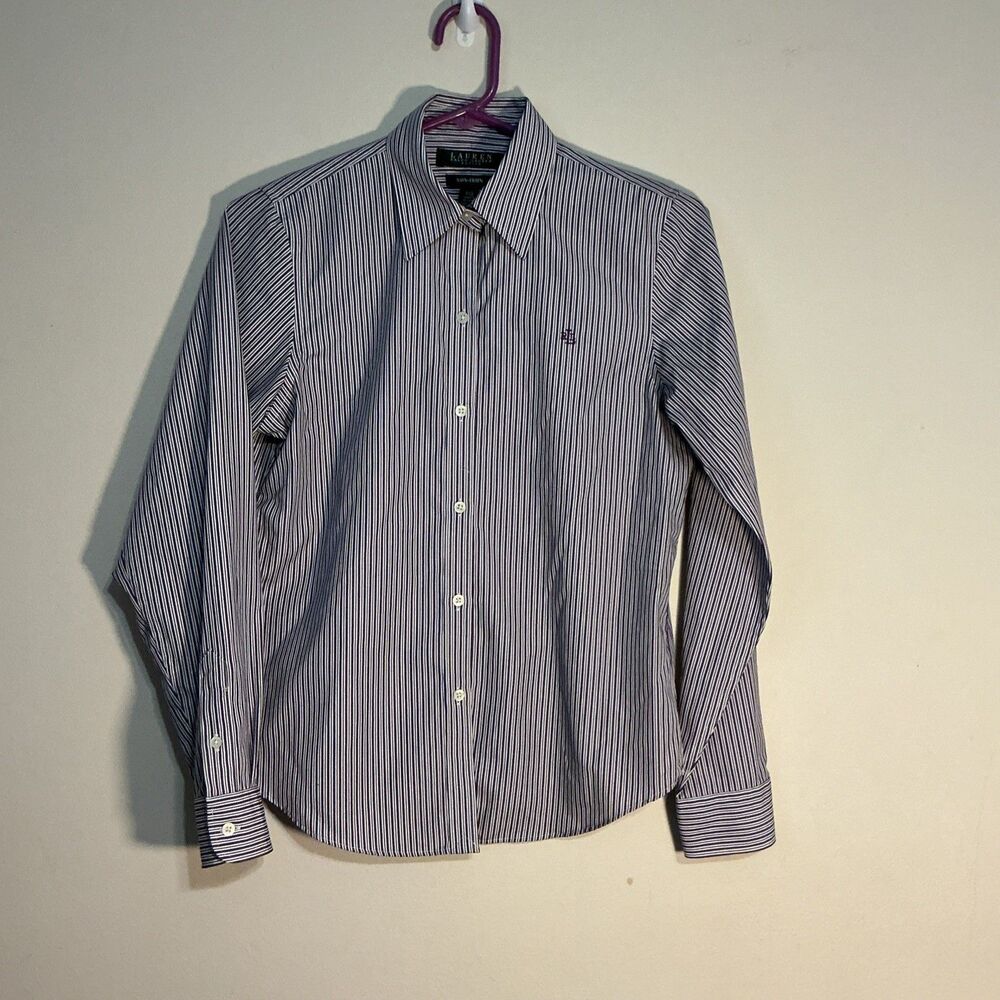 Lauren Ralph Lauren Striped Long Sleeve No Iron Button Up Petite Women's P/XS